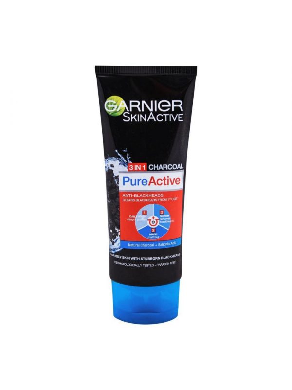 Garnier Skin Active Pure Active 3 in 1 Charcoal Blackhead Face Wash Mask Scrub Supply