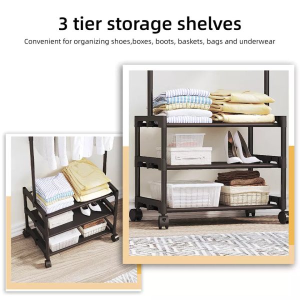 3 Layer Rolling Clothes Rack with Shelves Sale